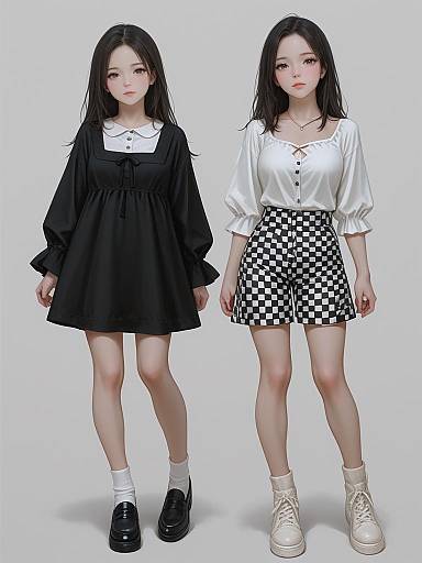 Digital artwork of two young Asian women, one in a black dress and black checkered shorts, the other in a white blouse and black checkered shorts