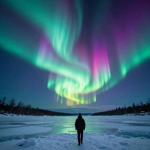 Photograph of a solitary figure standing on a snow-covered ice landscape, facing vibrant Northern Lights in the night sky.