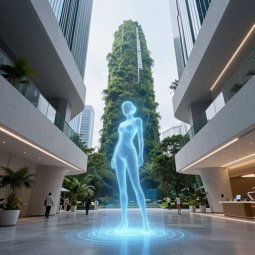 Photograph of a glowing, blue, holographic human figure centered in a modern, glass-enclosed courtyard with tall greenery and surrounding buildings.