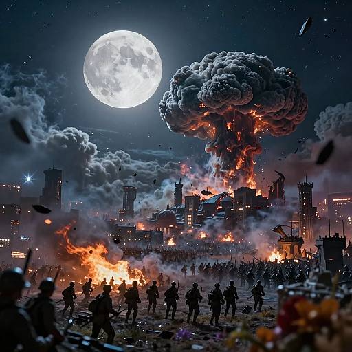 Digital artwork: Nighttime cityscape with bright full moon, massive smoke cloud, burning buildings, and silhouetted crowd beneath starry sky.