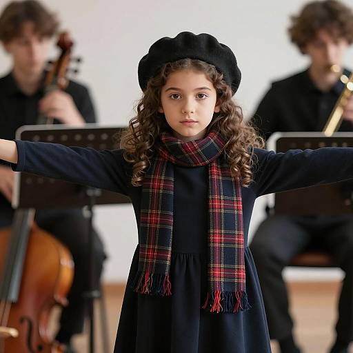 Focused Young Girl Among Musicians