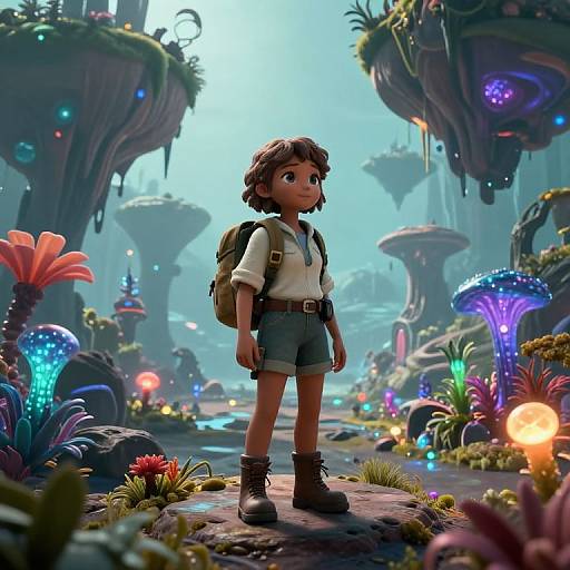 Digital artwork of a young, brown-haired girl with a backpack, standing in a vibrant, futuristic, alien forest with glowing plants and floating structures.