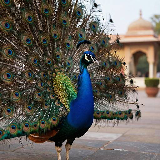 Photograph of a vibrant peacock with a striking blue neck, green and gold tail feathers fanned out, standing on a stone-paved path with
