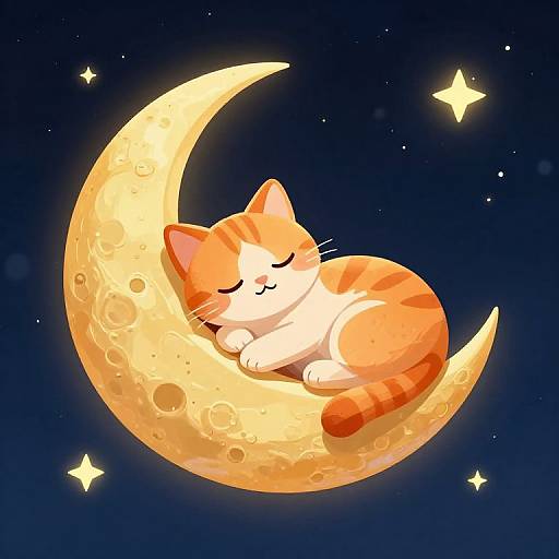 Cute, orange-and-white cartoon cat sleeping contently on a glowing, textured crescent moon against a starry, dark blue night sky.
