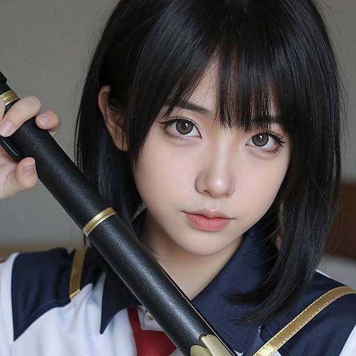 Photograph of an East Asian woman with black hair, bangs, and fair skin, wearing a white and black cosplay outfit, holding a black kat