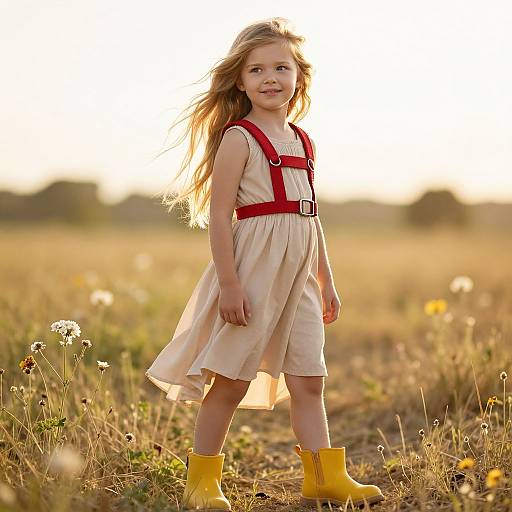 Photograph of a blonde, blue-eyed young girl in a cream dress with red straps, yellow boots, standing in a sunlit, wildflower-filled