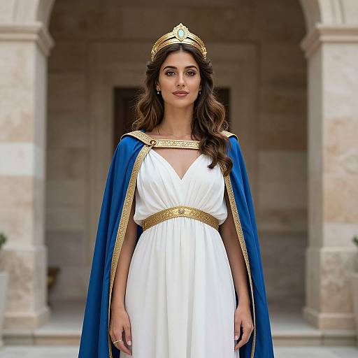 Photograph of a beautiful woman with long, wavy brown hair, wearing a white dress with gold belt, royal blue cape, and gold crown,