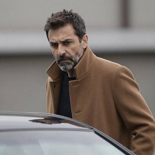Intense Middle-Aged Man in Brown Coat by Car
