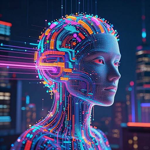 Digital artwork of a neon-lit, cybernetic human head with vibrant blue, pink, and orange circuitry against a dark, futuristic cityscape