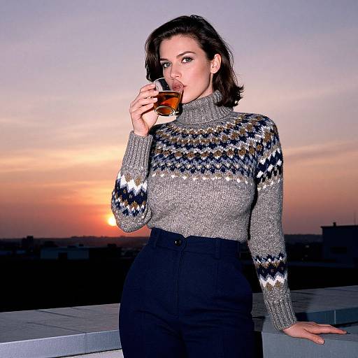 Photograph of a woman with dark hair, wearing a gray, patterned turtleneck sweater and black high-waisted pants, sipping whiskey