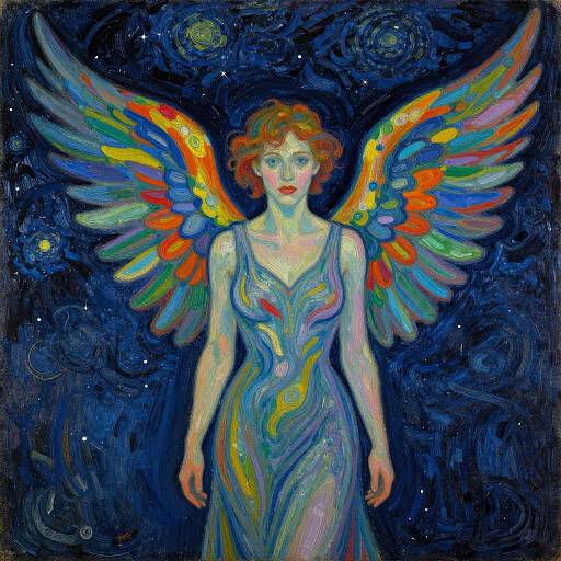 Vibrant, colorful painting of a red-haired angel with large, multicolored wings, wearing a flowing, blue-purple dress, set against a