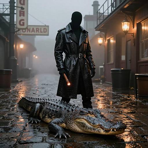 Photograph of a silhouetted man in a wet, dark trench coat standing over a large, wet alligator on a foggy, rain