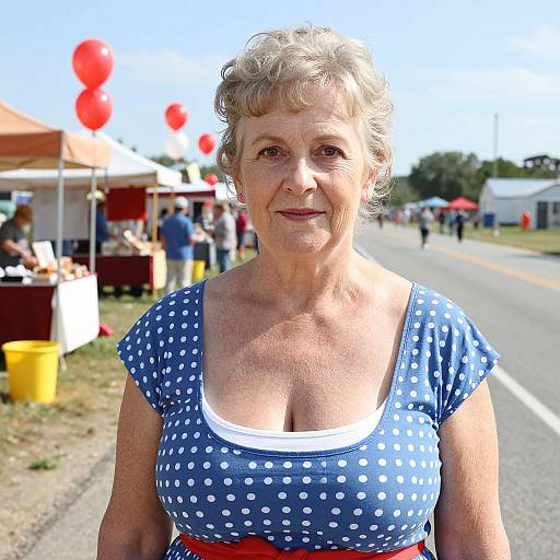 Photograph of an older woman with short, curly gray hair, wearing a blue polka dot dress with white trim, standing on a sunny street at