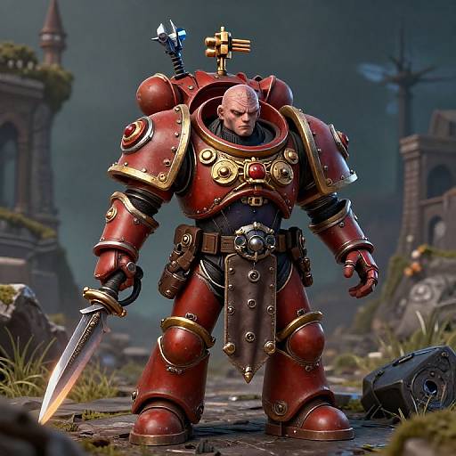 CGI fantasy warrior in red, gold-embellished armor with glowing sword, cross insignia, and bald head, standing in a ruined,