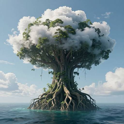 Digital art of a massive tree with cloud-like foliage, sprawling roots in clear blue ocean, under a bright sky.
