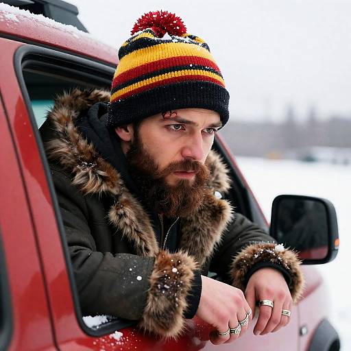 Intense Bearded Man in Red Vehicle