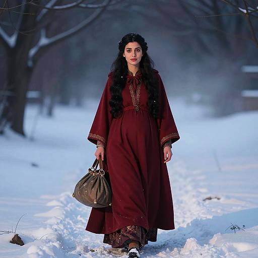 Pregnant Woman in Crimson Cape Walking in Snow