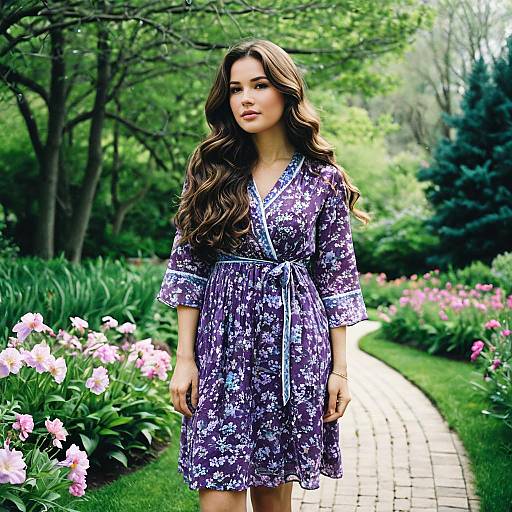Woman in Purple Floral Dress in Garden