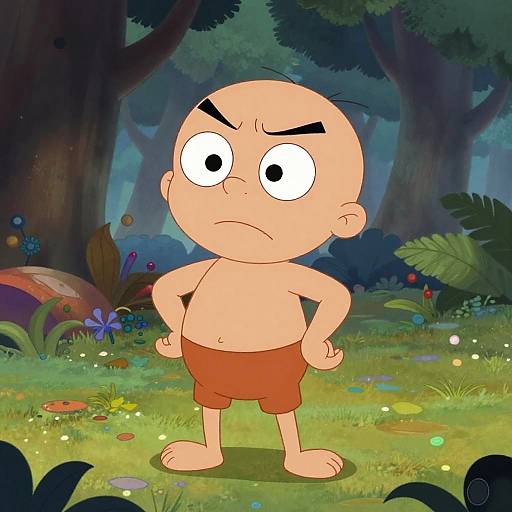 Cartoon of a bald, angry boy with thick eyebrows, wearing red shorts, standing in a colorful, magical forest with vibrant plants and mushrooms.