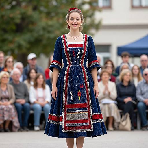 Photograph of a smiling young woman in a blue, embroidered, knee-length dress with red and white patterns, standing in front of a blurred crowd outdoors