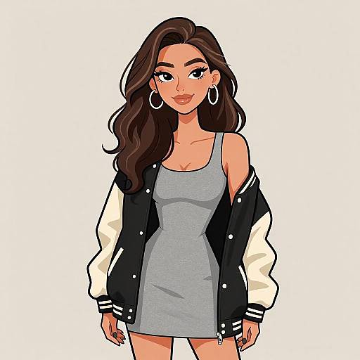 Digital drawing of a confident woman with long brown hair, wearing a gray dress, black and white jacket, large hoop earrings, and smiling. White background