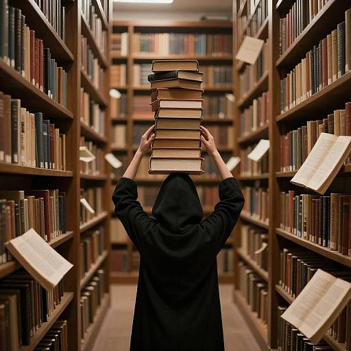 Photograph of person in black hoodie, holding stack of books over head, standing in library aisle with shelves of books and flying papers.