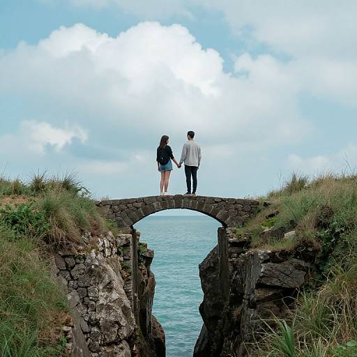 Photograph of a couple holding hands on a stone arch bridge overlooking a turquoise ocean, with a cloudy blue sky.