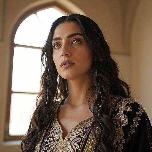 Photograph of a beautiful woman with long, wavy black hair, brown eyes, and dark lipstick, wearing an ornate black and gold traditional top