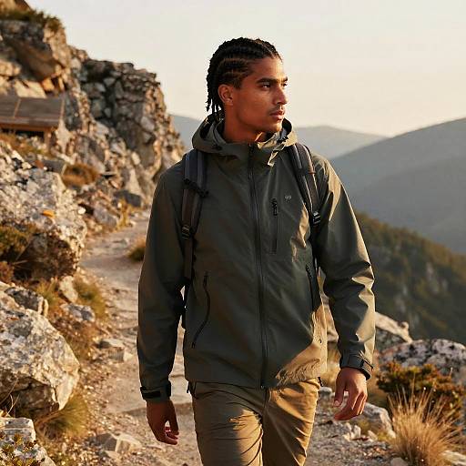 Photograph of a Black man with braided hair, wearing a green jacket and tan pants, walking on a rocky mountain trail during sunset.