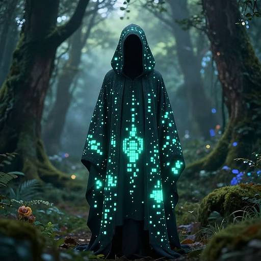 Mysterious figure in glowing, pixelated, dark hooded cloak stands in enchanted forest; misty background with trees and blue flowers. Digital art.