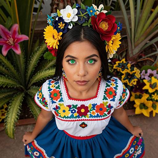 Photograph of a young Latina woman with green eyes, wearing a floral crown, traditional Mexican dress, and vibrant floral embroidery, surrounded by colorful flowers and