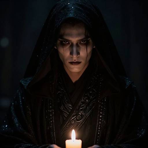 Mysterious woman with dark, wet hood and intense eyes, holding a lit candle, illuminated in deep shadow, evoking Gothic atmosphere.