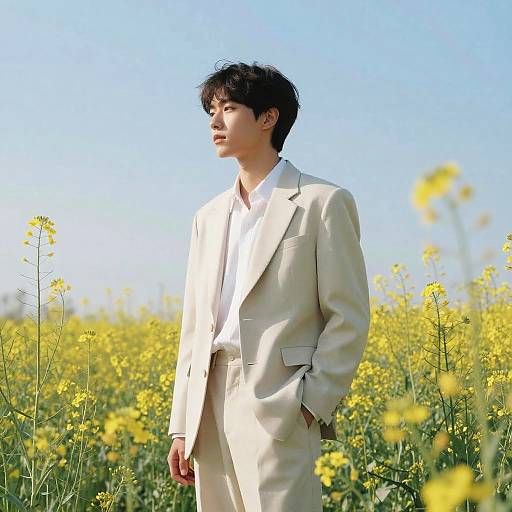 Young Man in Dreamy Wildflower Field