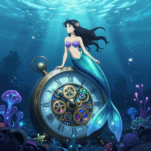 Digital anime-style illustration of a blue-scaled mermaid with long black hair, sitting on a clock face with gears underwater, surrounded by glowing jellyfish