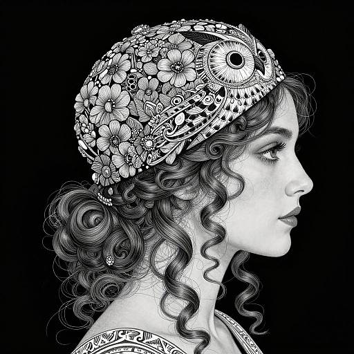 Black-and-white digital portrait of a woman with curly hair, wearing an intricate floral headpiece, in profile against a black background.
