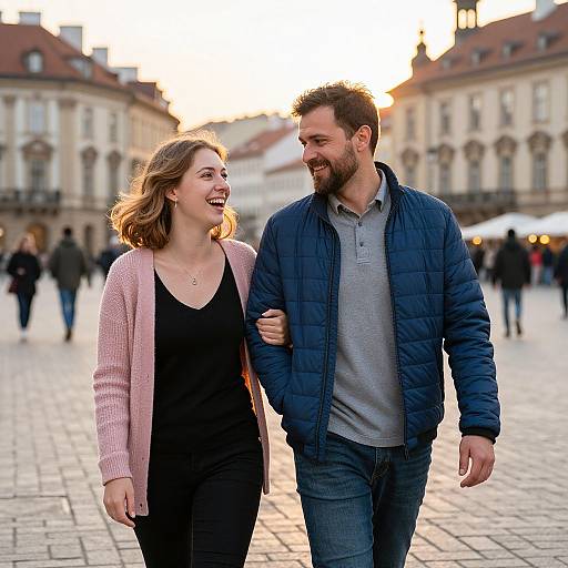 Photograph of smiling, laughing couple walking hand in hand on a sunlit, cobblestone street in a European town square. She has brown hair
