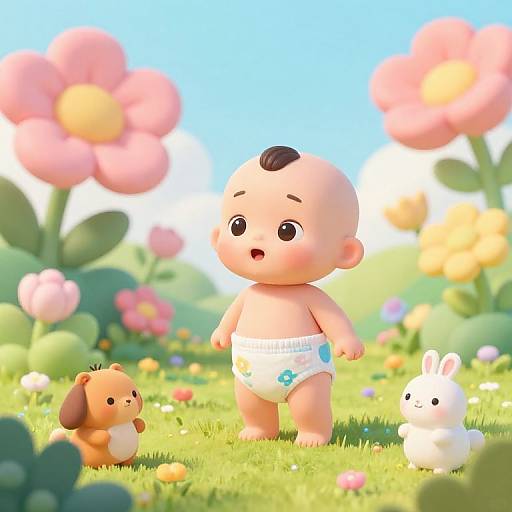 Cute CGI baby with black hair, wearing a diaper, stands in a vibrant flower-filled meadow with a brown dog and white bunny.