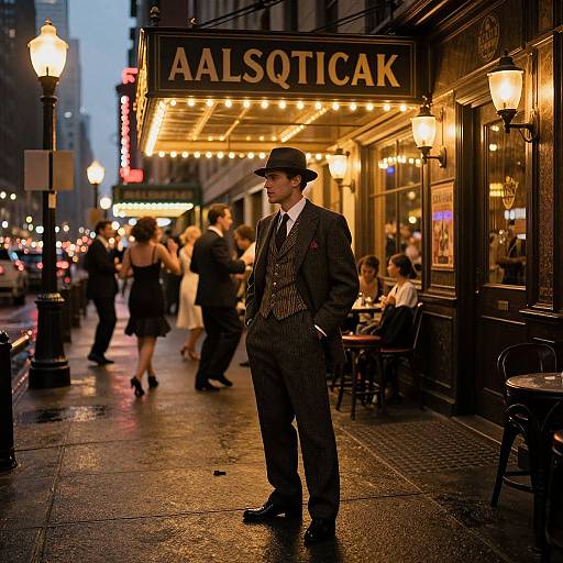 Photograph of a suited man in a fedora standing outside a brightly lit Alsatian café at dusk, with blurred pedestrians and warm streetlights in