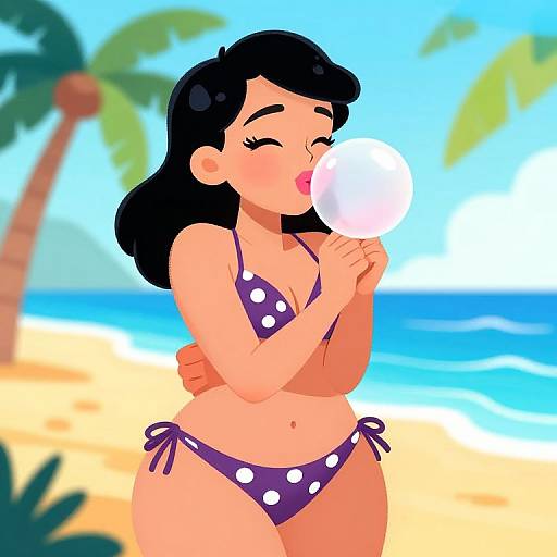 Digital cartoon of a curvy woman with black hair, wearing a purple polka dot bikini, licking a white popsicle on a sunny beach with blue