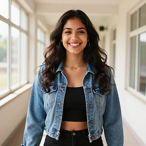 Photograph of a smiling young woman with long, wavy dark hair, wearing a blue denim jacket over a black crop top, standing in a bright