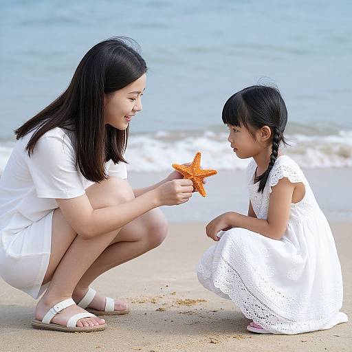 Photograph of an Asian woman and young girl in white dresses, squatting on a sandy beach, holding an orange starfish, facing each other with