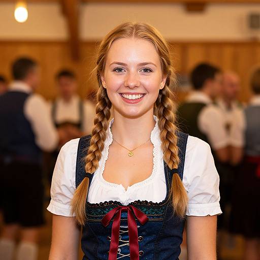 Photograph of a smiling young woman with braided auburn hair, wearing a traditional German dirndl with a black vest and white blouse, in