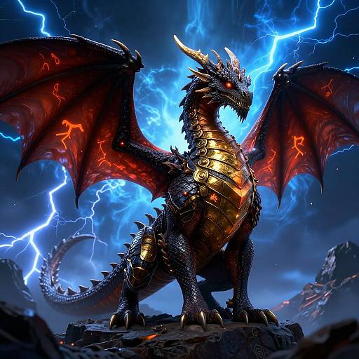 Digital art of a fierce, black-scaled dragon with glowing red wings and golden armor, standing amidst a stormy sky with bright blue lightning.