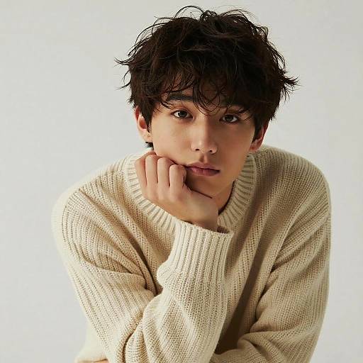 Photograph of a young Asian man with messy black hair, wearing a beige knit sweater, resting his chin on his hand against a white background.