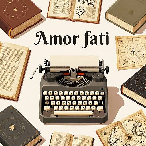 Vintage Typewriter with Amor Fati Quote and Antique Books