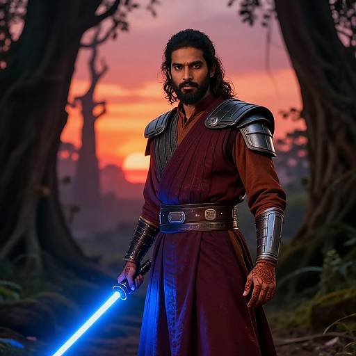 Digital art of a bearded man with long black hair, wearing brown Jedi robes and metallic armor, holding a blue lightsaber, standing in a forest