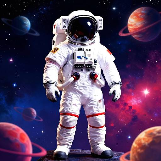 Digital illustration of a child-sized astronaut standing on a spacecraft, surrounded by colorful planets and stars in a vibrant, cosmic background.