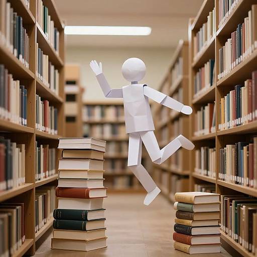 Photograph of a white paper doll jumping between two stacks of books in a library aisle with tall shelves.