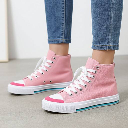 Photograph of a person's legs wearing pink high-top sneakers with white laces and soles, blue jeans, and a gray floor.