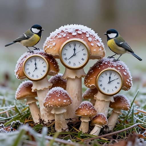 Whimsical Clock Mushrooms with Birds